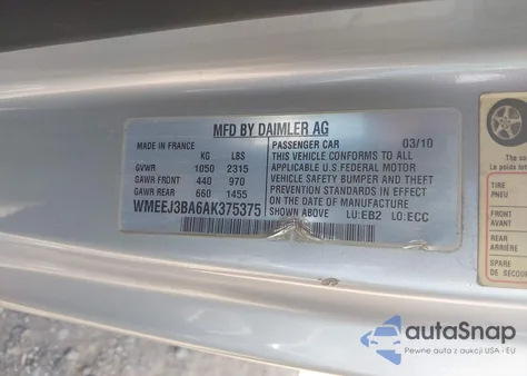 2010 Smart Fortwo Passion/Pure z USA, uszkodzony, nr VIN WMEEJ3BA6AK375375